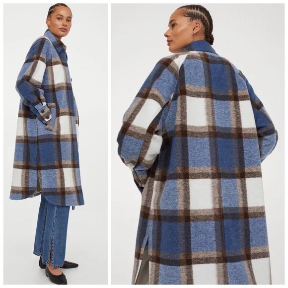 🏷️ SOLD • H&M • Oversized Coat Shacket in Blue Plaid • Small - Picture 2 of 13